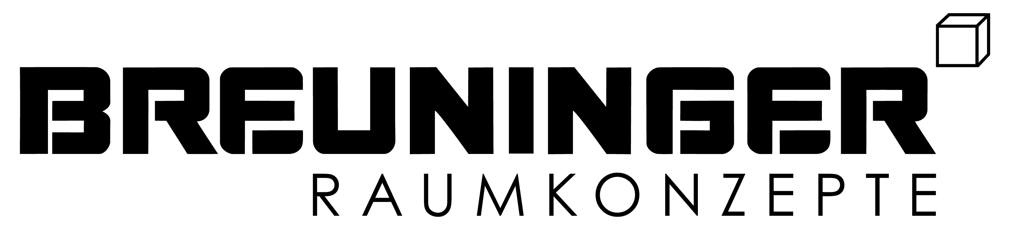 Schriftzug BREUNINGER, ein dreidimensionaler Kubus schräg über dem R, darunter: Raumkonzepte in einer dünneren schrift