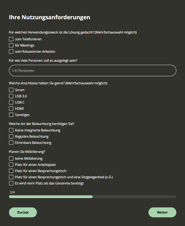 Ansicht eines Online-Formulars mit verschiedenen Frage-Antwort Möglichkeiten. Unten sind zwei Buttons: Zürück und Weiter.