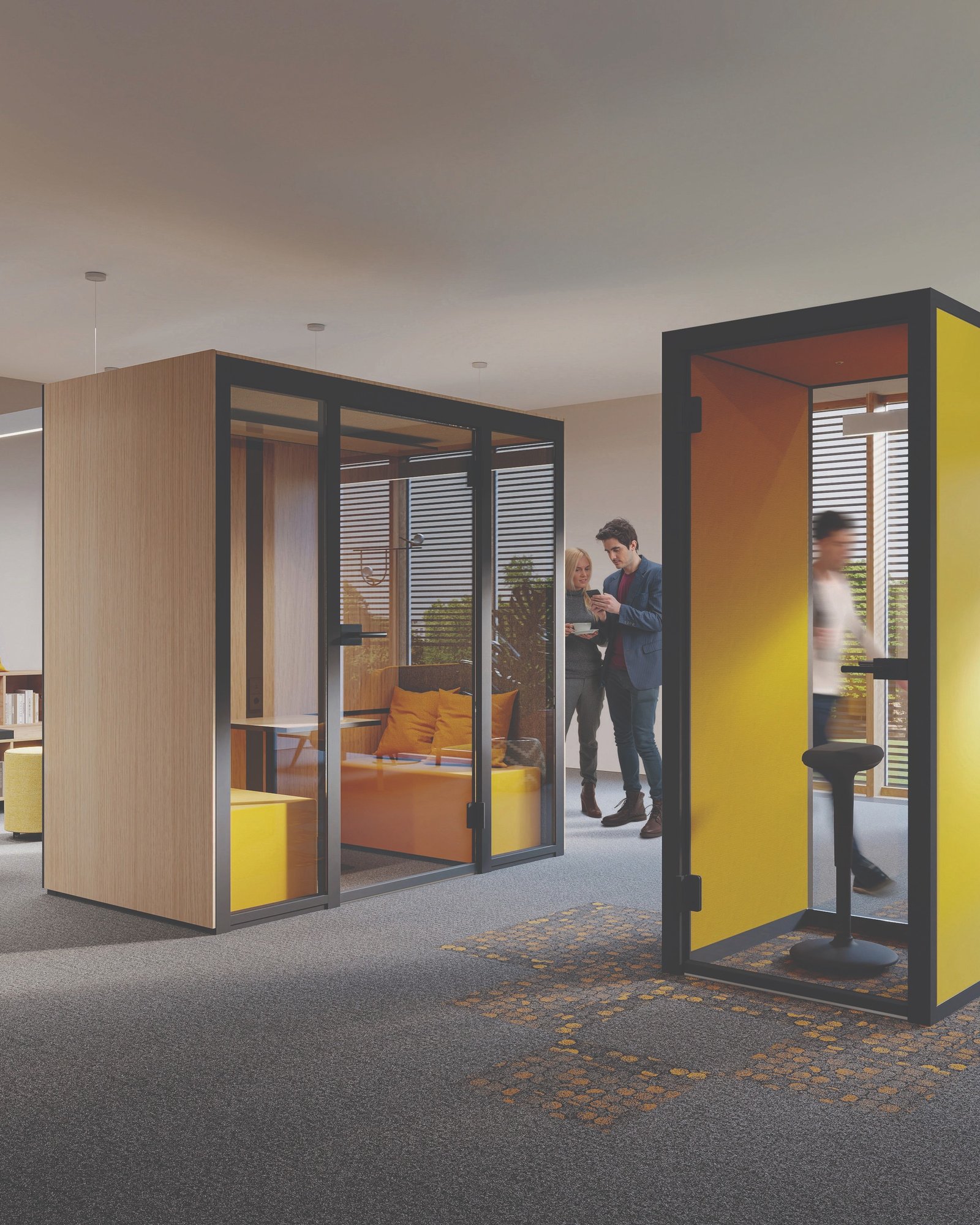 Zwei moderne Raumlösungen für Büroräume und Arbeitswelten: Die Telefonbox und ein Cube für mehrere Personen) Zwei moderne Raumlösungen für Büroräume und Arbeitswelten: Die Telefonbox und ein Cube für mehrere Personen)